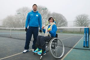 Pic by Samantha Cook Photography. January 24th 2017. JP Morgan Donation of £610.00 to purchase a sports wheelchair for the Wheelchair Tennis at Southbourne Tennis Club, Iford Lane, Bournemouth, Dorset BH6 5NF. Pic: L.T.A Licensed Tennis Coach, Dave Sanger, with the new purchased chair, and a member from the Wheelchair Tennis at Southbourne Tennis Club.
