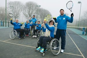 Pic by Samantha Cook Photography. January 24th 2017. JP Morgan Donation of £610.00 to purchase a sports wheelchair for the Wheelchair Tennis at Southbourne Tennis Club, Iford Lane, Bournemouth, Dorset BH6 5NF. Pic: L.T.A Licensed Tennis Coaches, Dave and Matt Sanger, with the new purchased chair, and members from the Wheelchair Tennis at Southbourne Tennis Club.